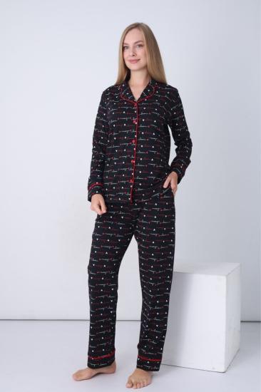 Kadın Pijama Takımı - Siyah Love Önden Düğmeli Uzun Kollu Penye 2926UY