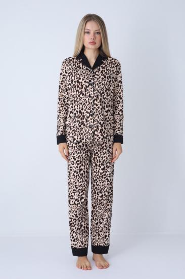 Kadın Pijama Takımı - Leopar Desenli Boydan Düğmeli % 100 Pamuk 2719UY