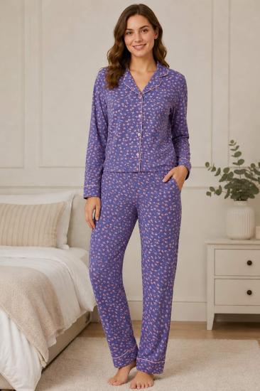 Önden Düğmeli Kadın Pijama Takımı - Lavanta Çiçekli Likralı Rink Viskon 2895UY