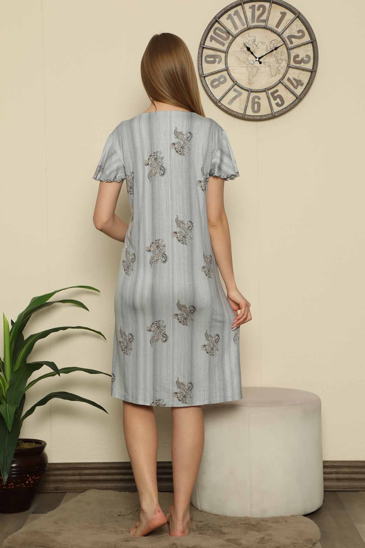 Gri Çizgili Likralı Bayan Gecelik 2654KG