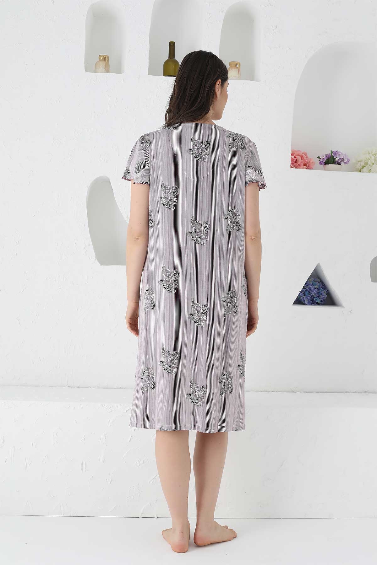 Mürdüm Çizgili Likralı Bayan Gecelik 2654KG