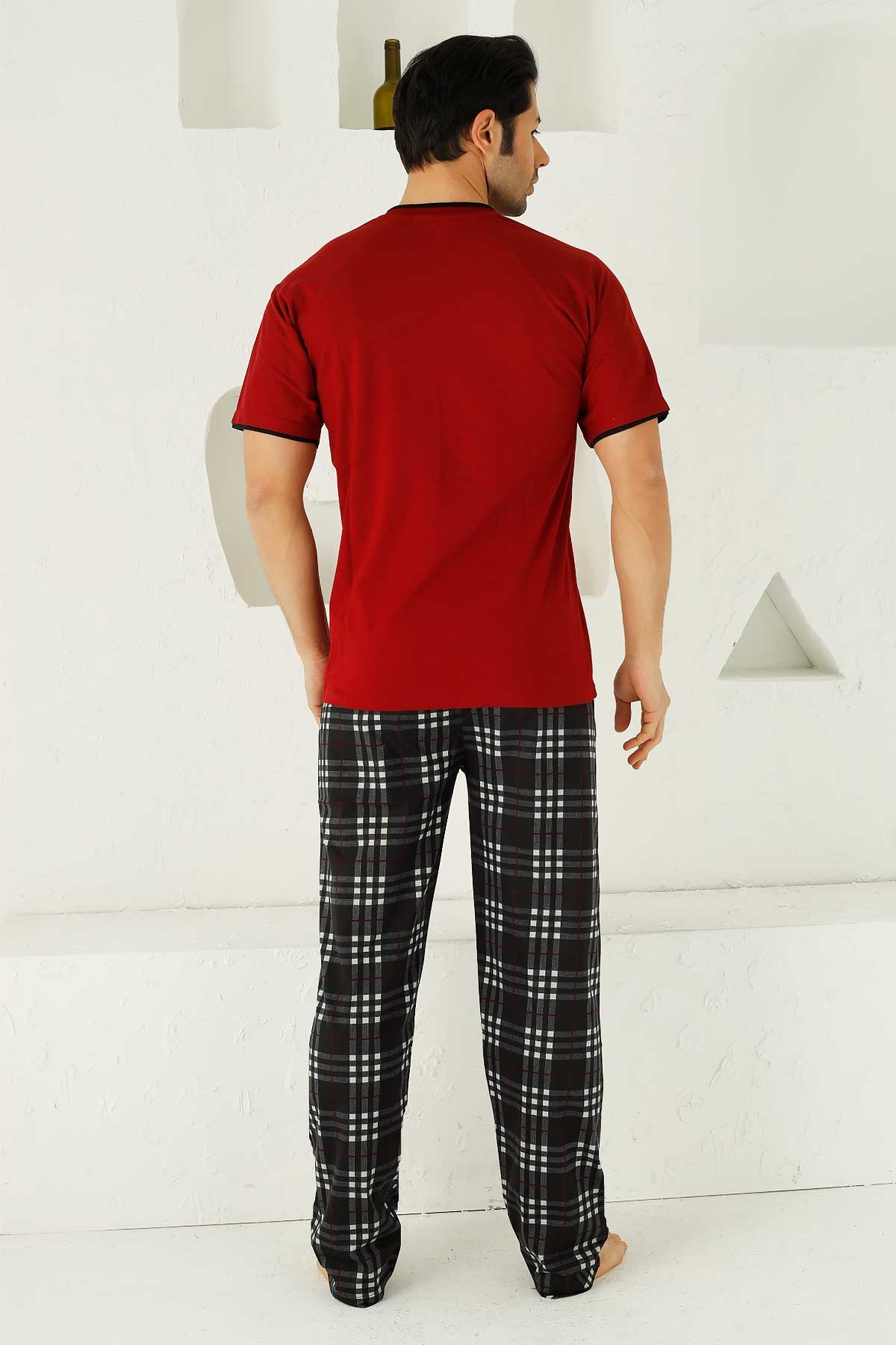 Bordo Ekoseli Kısa Kollu Erkek Pijama Takımı 1192KY