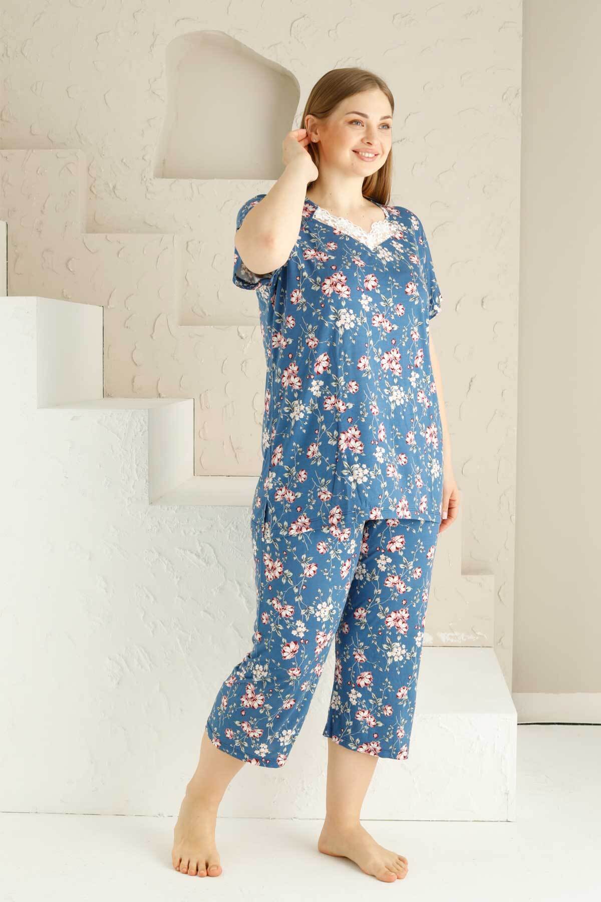 Bahar Dalı İndigo BATTAL Bermuda Bayan Pijama Takımı 2735BB