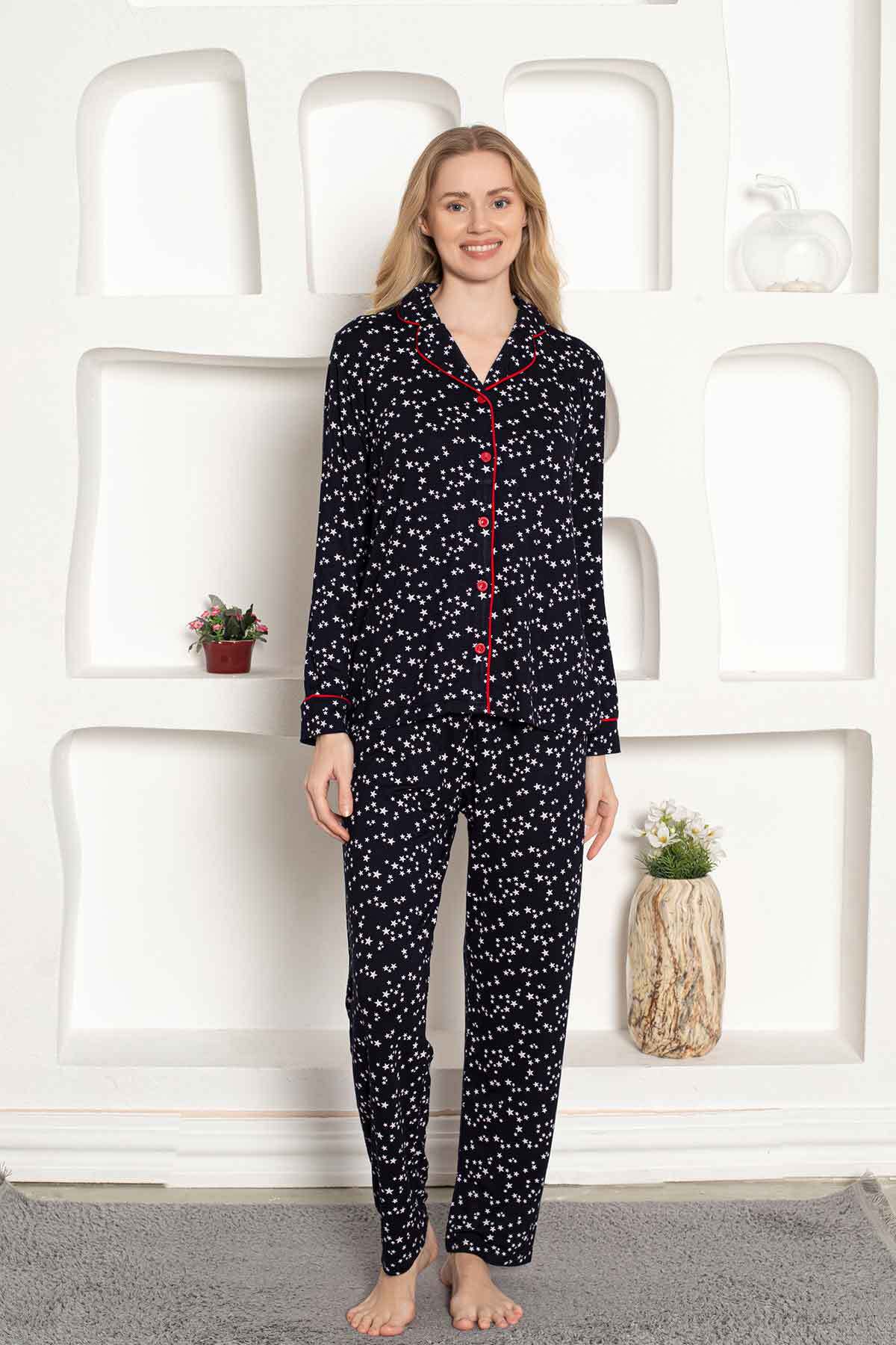 Kadın Pijama Takımı - Yıldız Desenli Önden Düğmeli Uzun Kollu Penye 2536UY