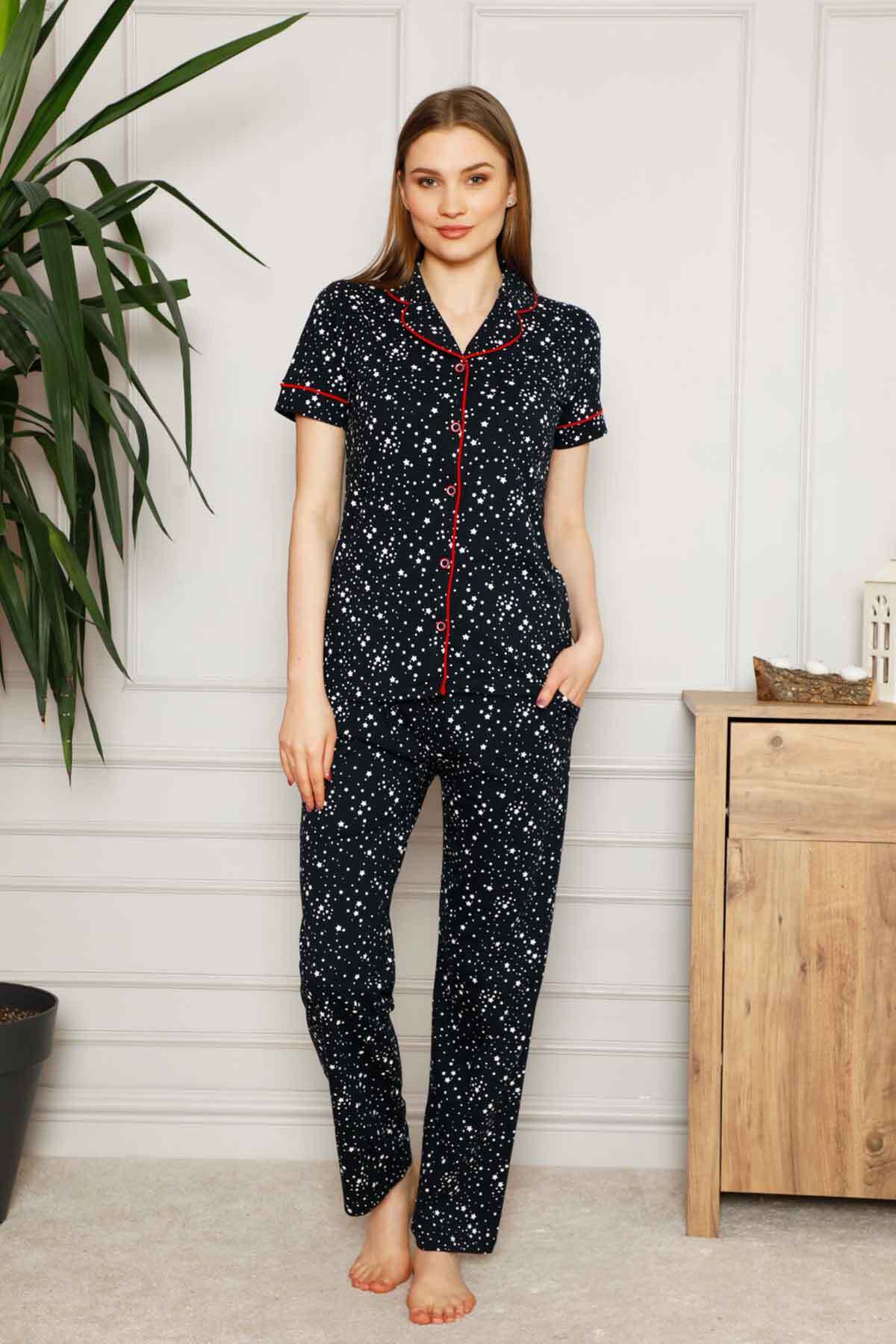 Kadın Pijama Takımı - Yıldız Desenli Önden Düğmeli Kısa Kollu Penye 2536KY