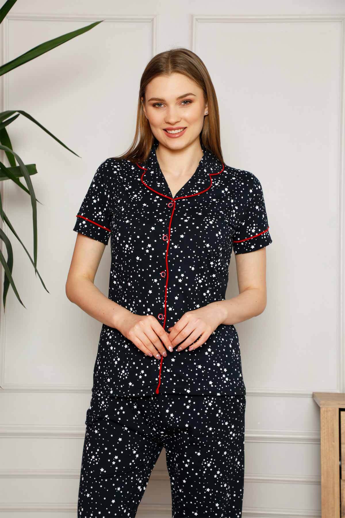 Kadın Pijama Takımı - Yıldız Desenli Önden Düğmeli Kısa Kollu Penye 2536KY
