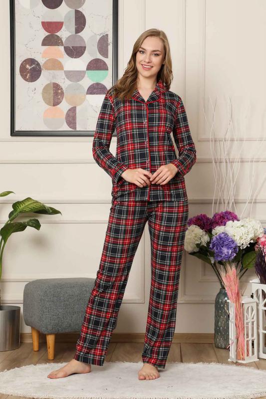 Kareli Önden Düğmeli Uzun Kollu Likralı Viskon Bayan Pijama Takımı 2523UY