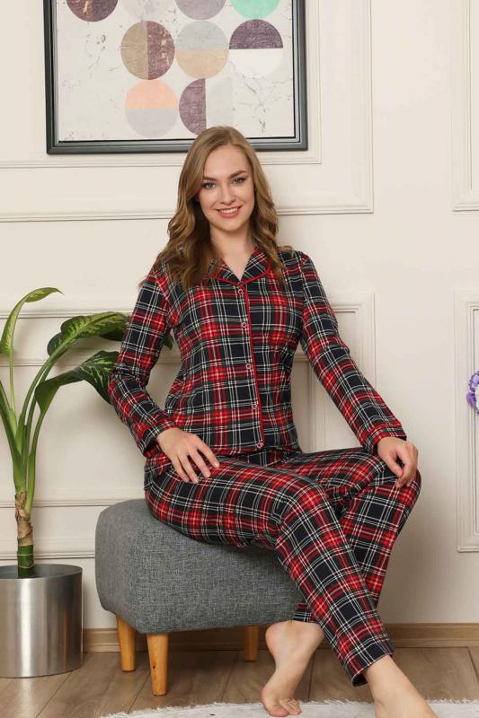 Kareli Önden Düğmeli Uzun Kollu Likralı Viskon Bayan Pijama Takımı 2523UY