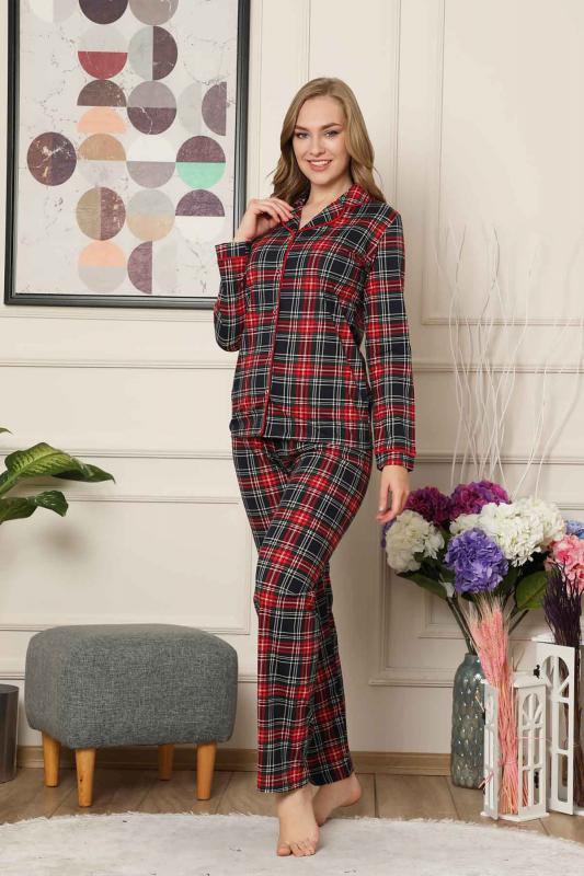 Kareli Önden Düğmeli Uzun Kollu Likralı Viskon Bayan Pijama Takımı 2523UY