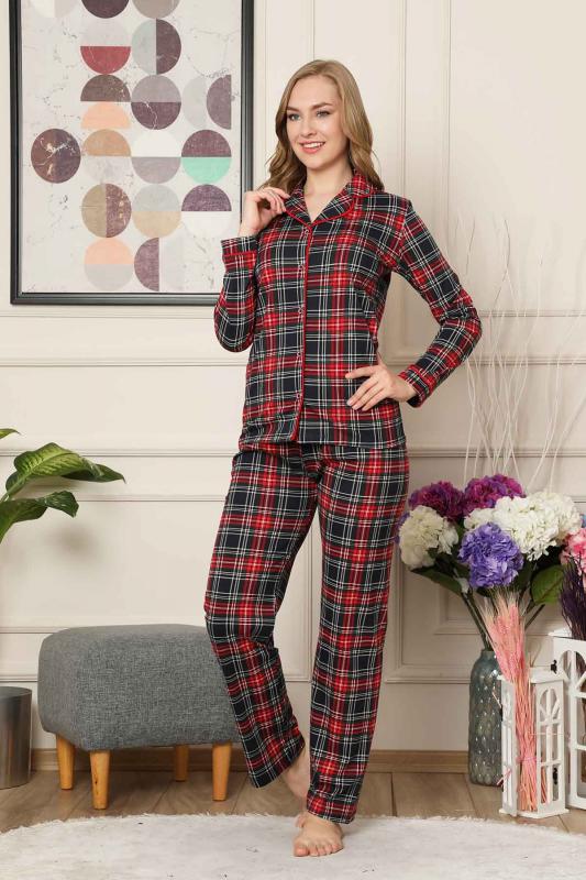 Kareli Önden Düğmeli Uzun Kollu Likralı Viskon Bayan Pijama Takımı 2523UY