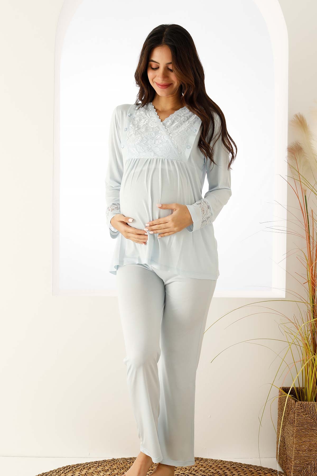 Mavi%20Dantelli%20Hamile%20Lohusa%20Pijama%20Takımı%202727UY