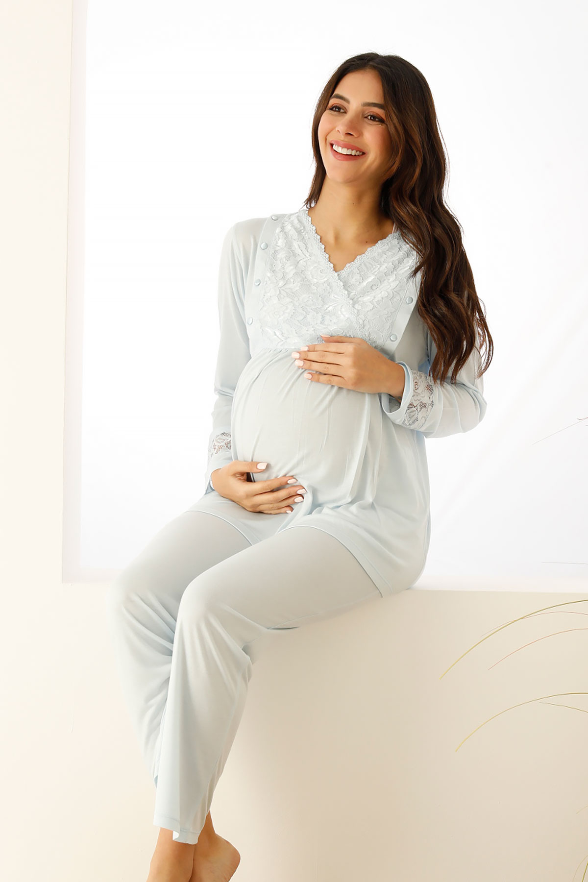 Mavi%20Dantelli%20Hamile%20Lohusa%20Pijama%20Takımı%202727UY