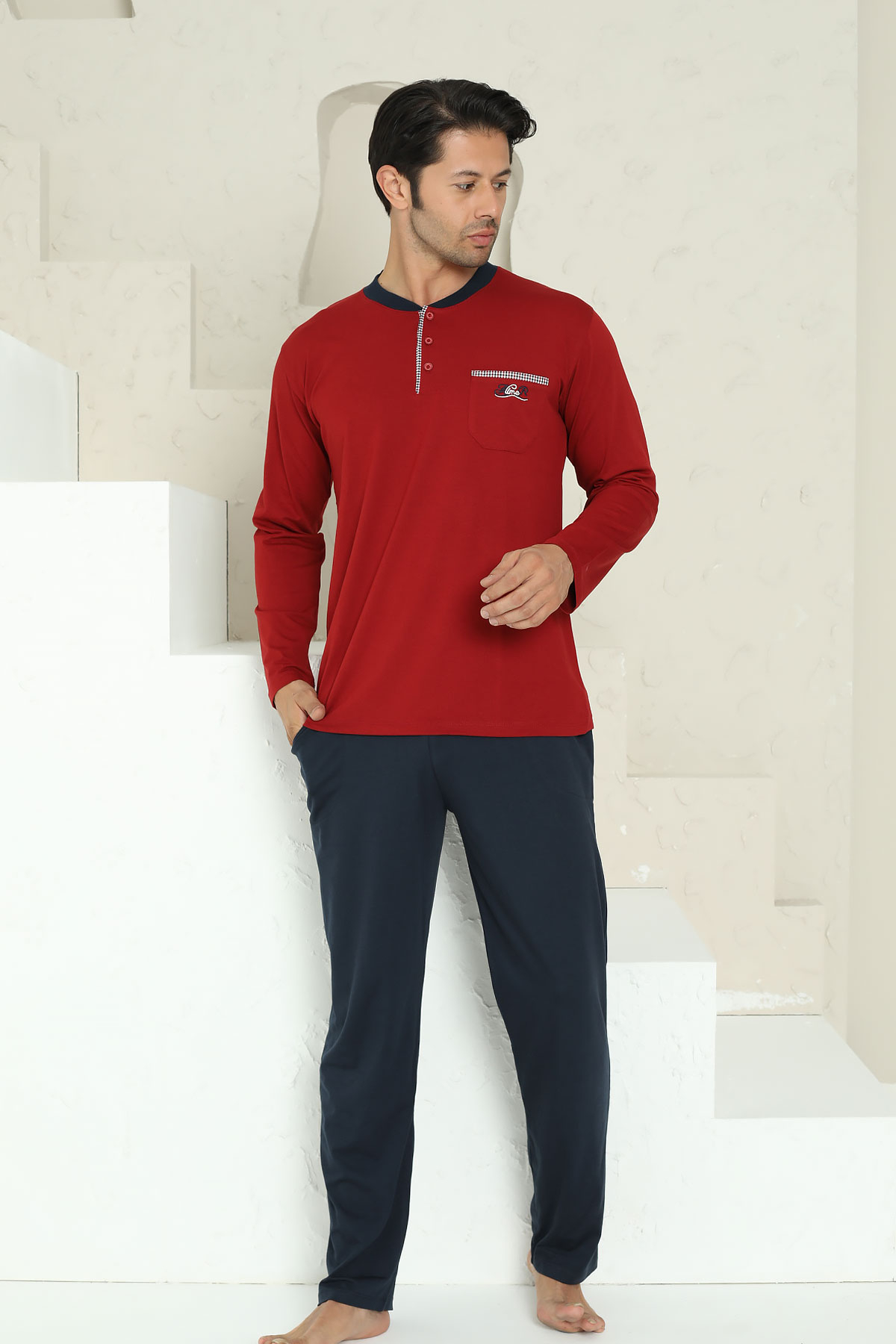Erkek%20Pijama%20Takımı%20-%20Bordo%20Arma%20Nakışlı%20Likralı%20Uzun%20Kollu%20Penye%201194UY