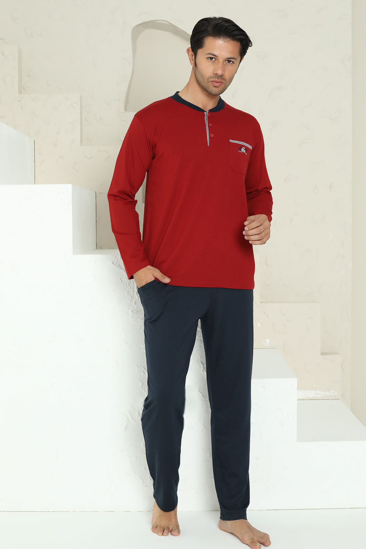 Erkek%20Pijama%20Takımı%20-%20Bordo%20Arma%20Nakışlı%20Likralı%20Uzun%20Kollu%20Penye%201194UY