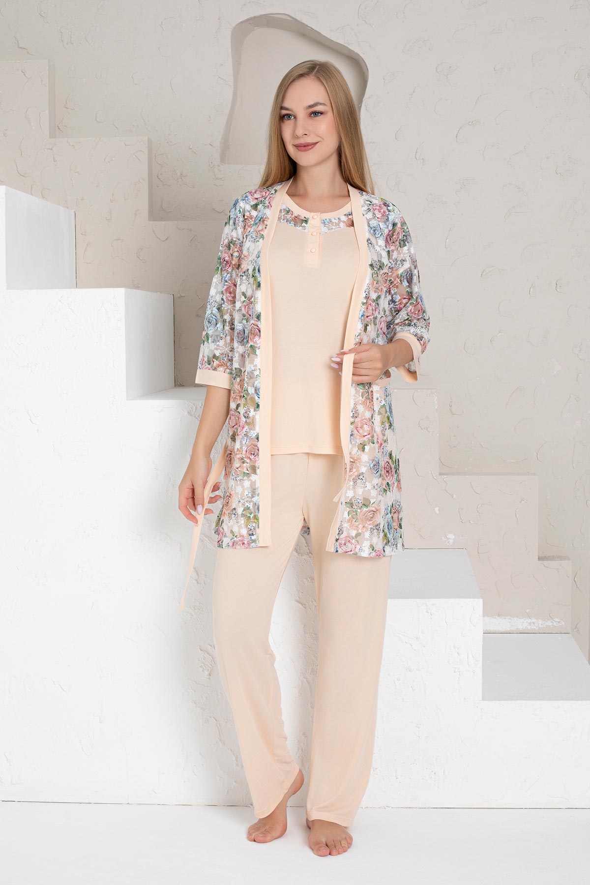 Somon Dantel Sabahlıklı Kutulu Kadın Pijama Takımı 2329