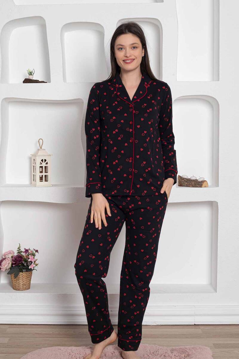 Siyah Önden Düğmeli Kalp Desenli Bayan Pijama Takımı 2785UY