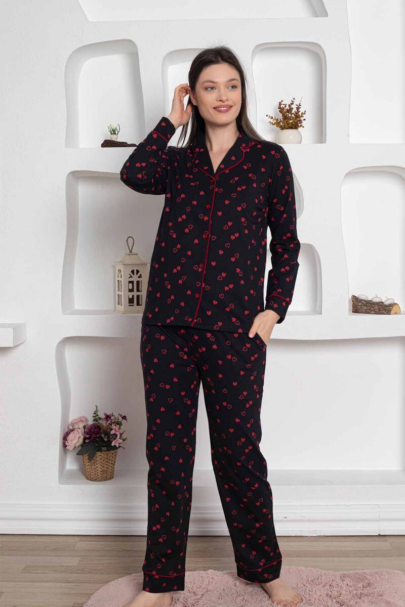 Siyah Önden Düğmeli Kalp Desenli Bayan Pijama Takımı 2785UY