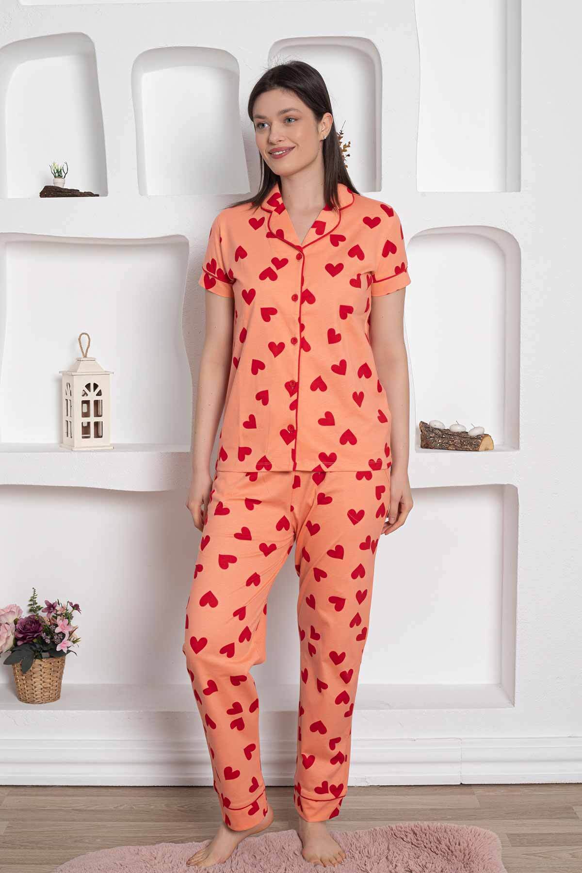 Önden Düğmeli Kadın Pijama Takımı - Somon Kalp desenli Penye 2783KY