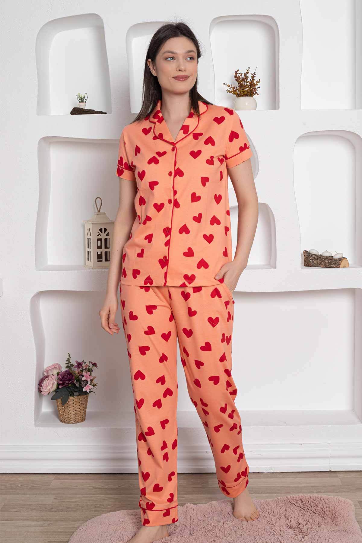 Önden Düğmeli Kadın Pijama Takımı - Somon Kalp desenli Penye 2783KY