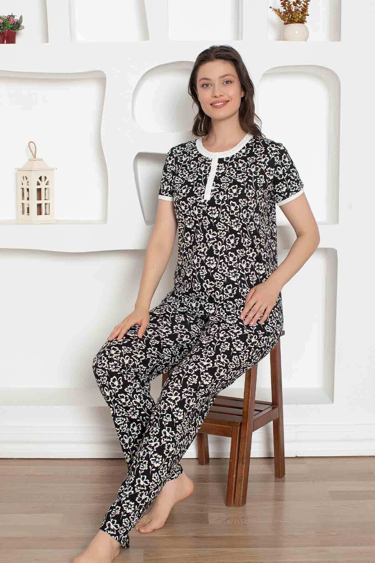 Siyah Çiçek Desenli Penye Bayan Pijama Takımı 2794KY