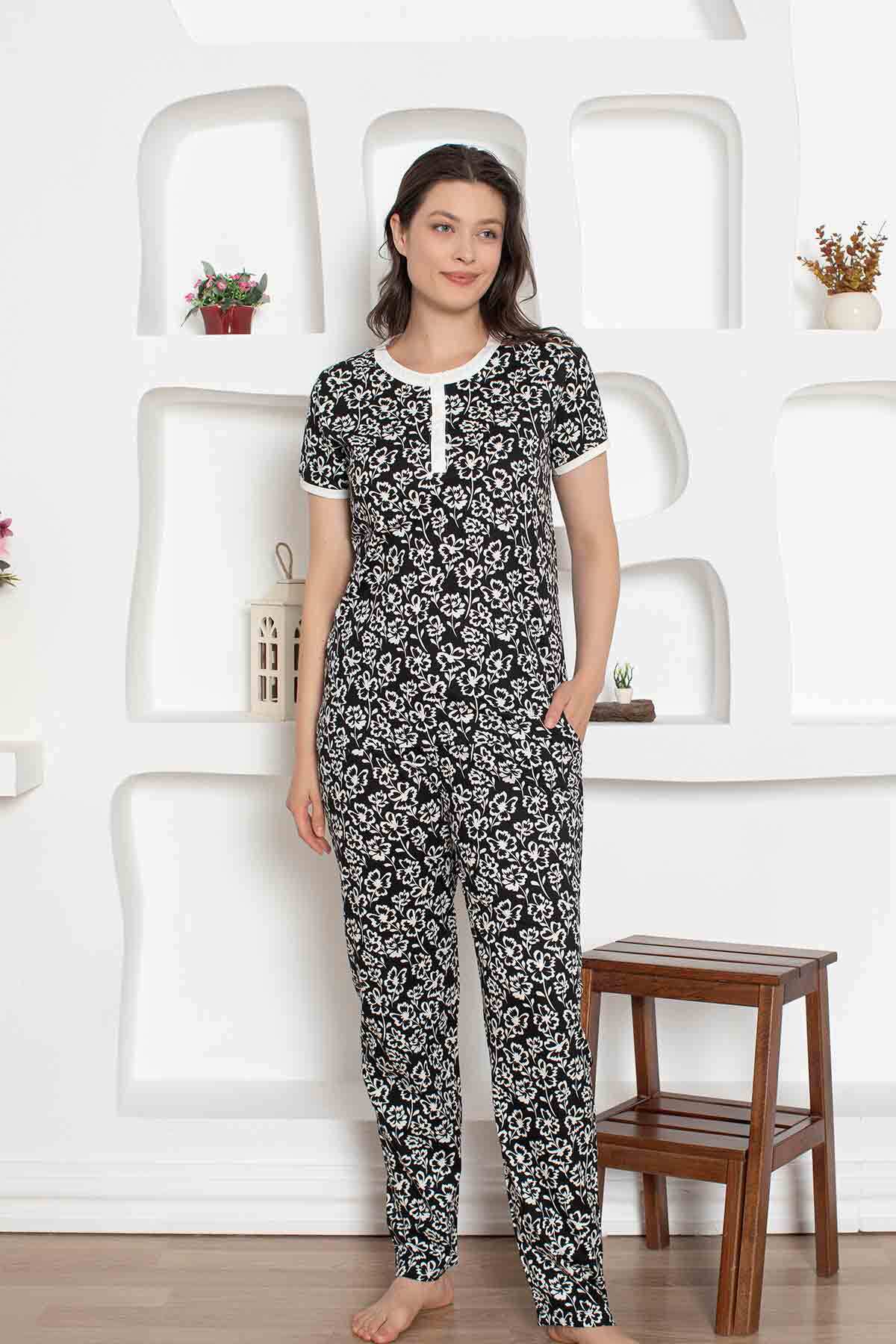 Siyah Çiçek Desenli Penye Bayan Pijama Takımı 2794KY