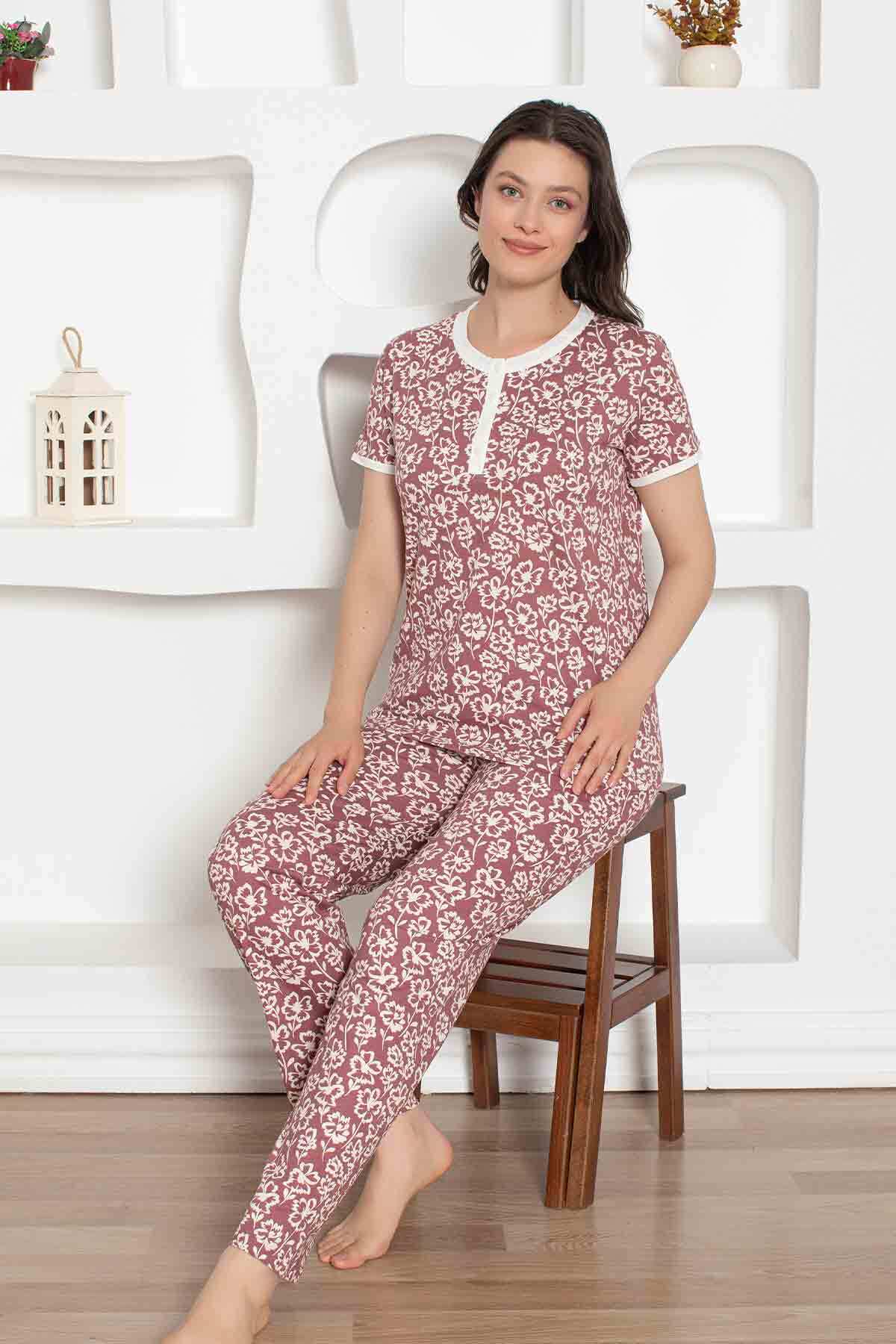 Gül Kurusu Çiçek Desenli Penye Bayan Pijama Takımı 2794KY
