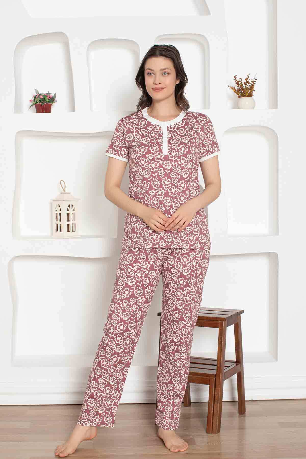 Gül Kurusu Çiçek Desenli Penye Bayan Pijama Takımı 2794KY