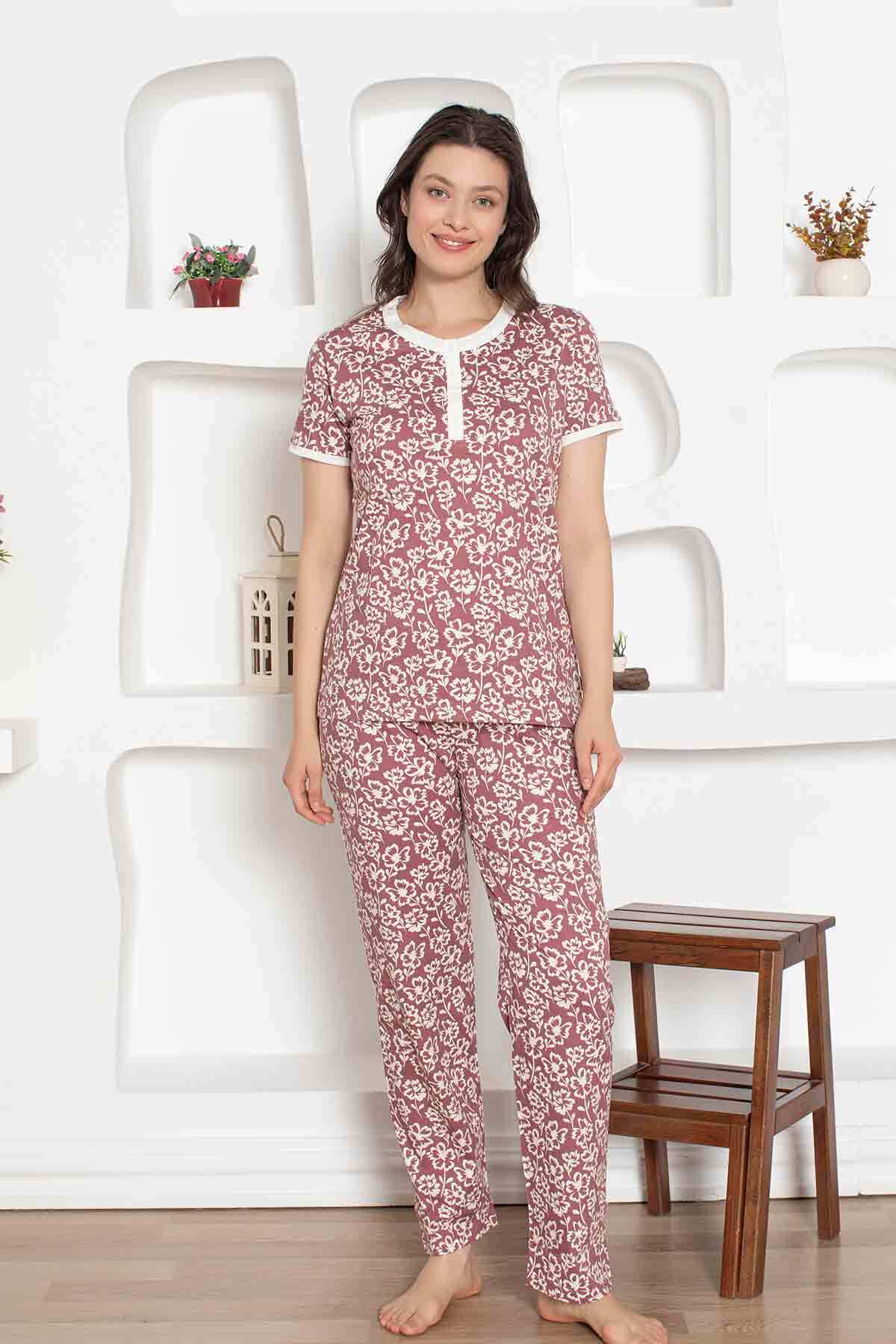 Gül Kurusu Çiçek Desenli Penye Bayan Pijama Takımı 2794KY