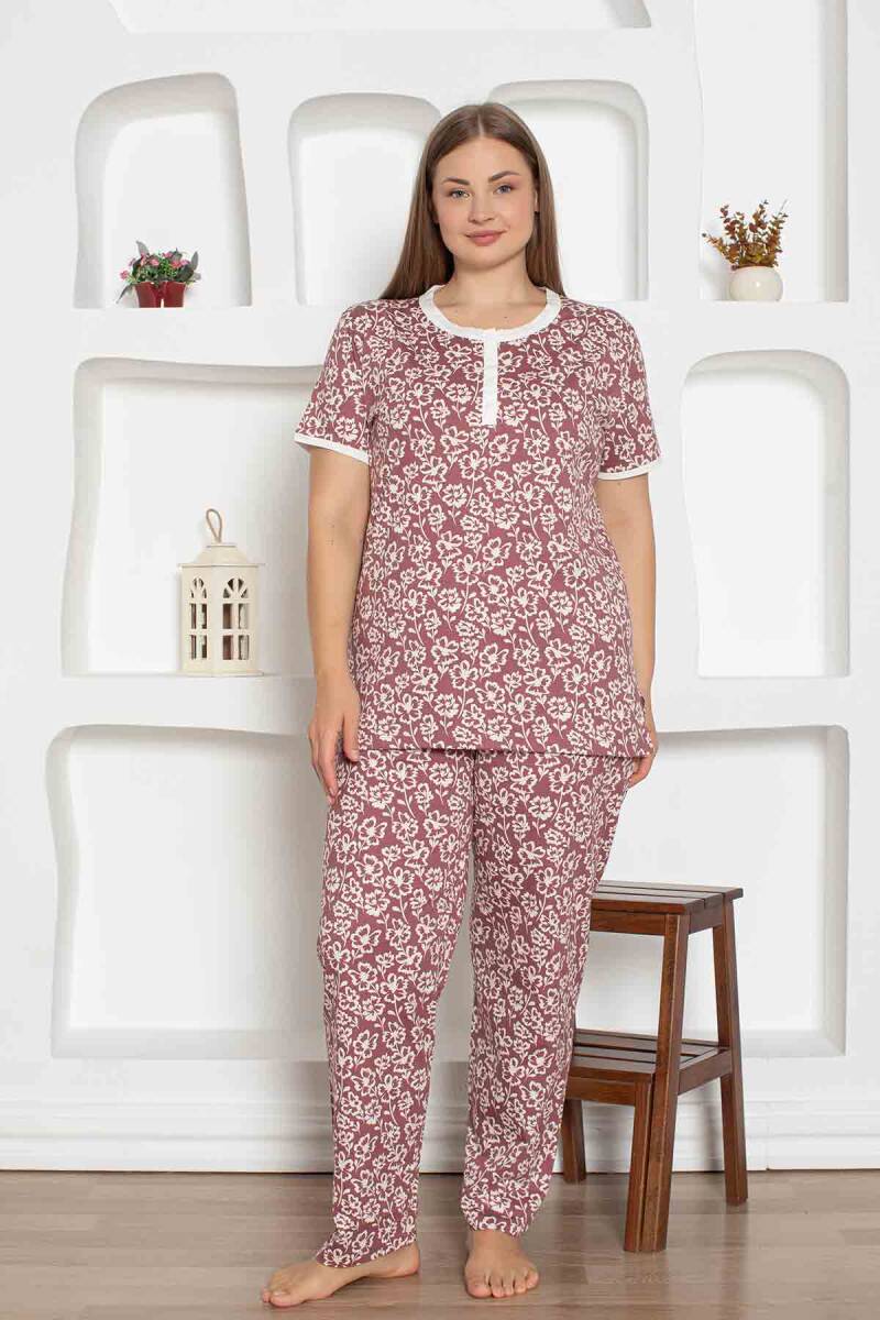 Gül Kurusu Çiçek Desenli Büyük Beden Bayan Pijama Takımı 2794KYB
