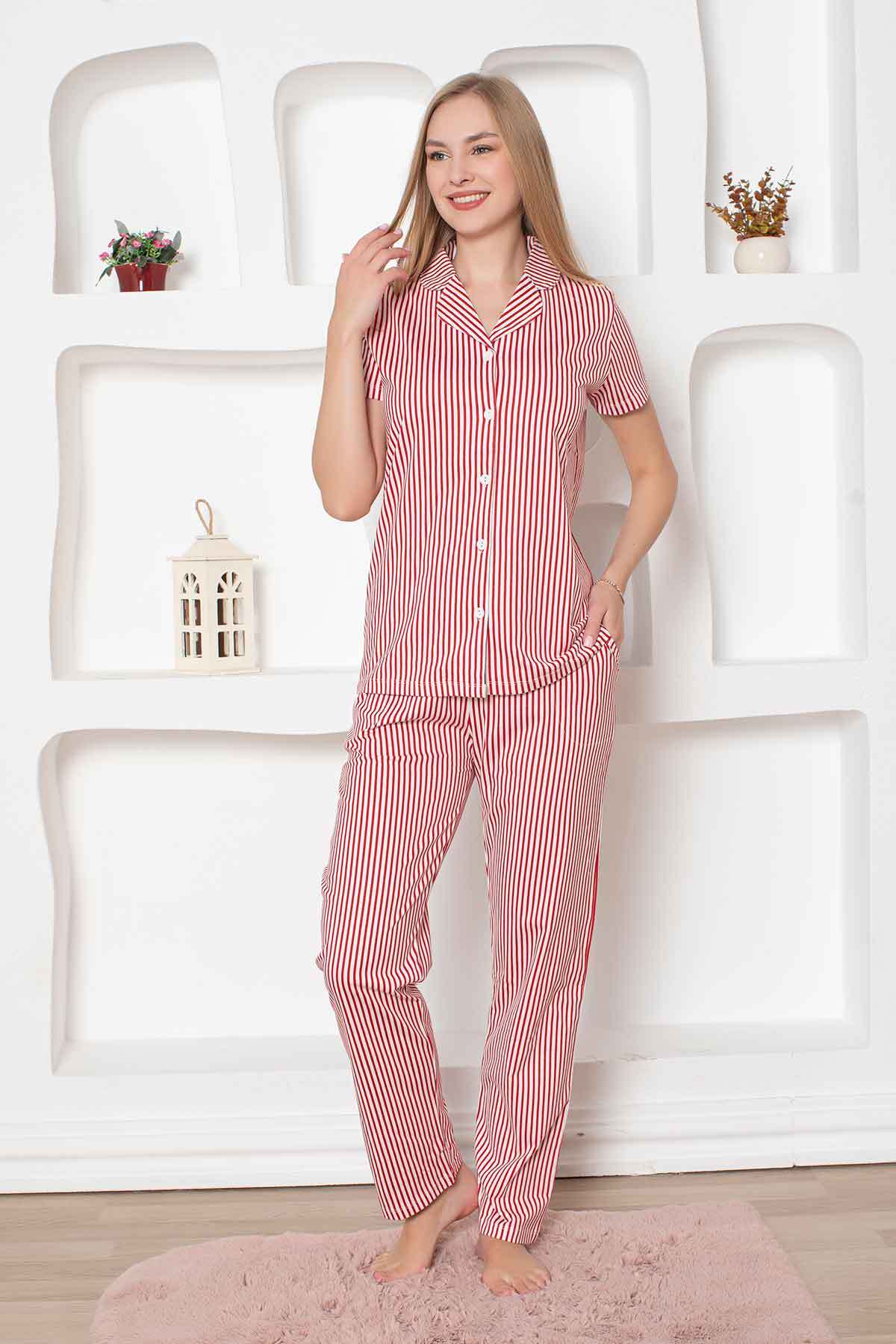 Çizgili Kısa Kollu Gömlek Pijama Takımı 2791KY