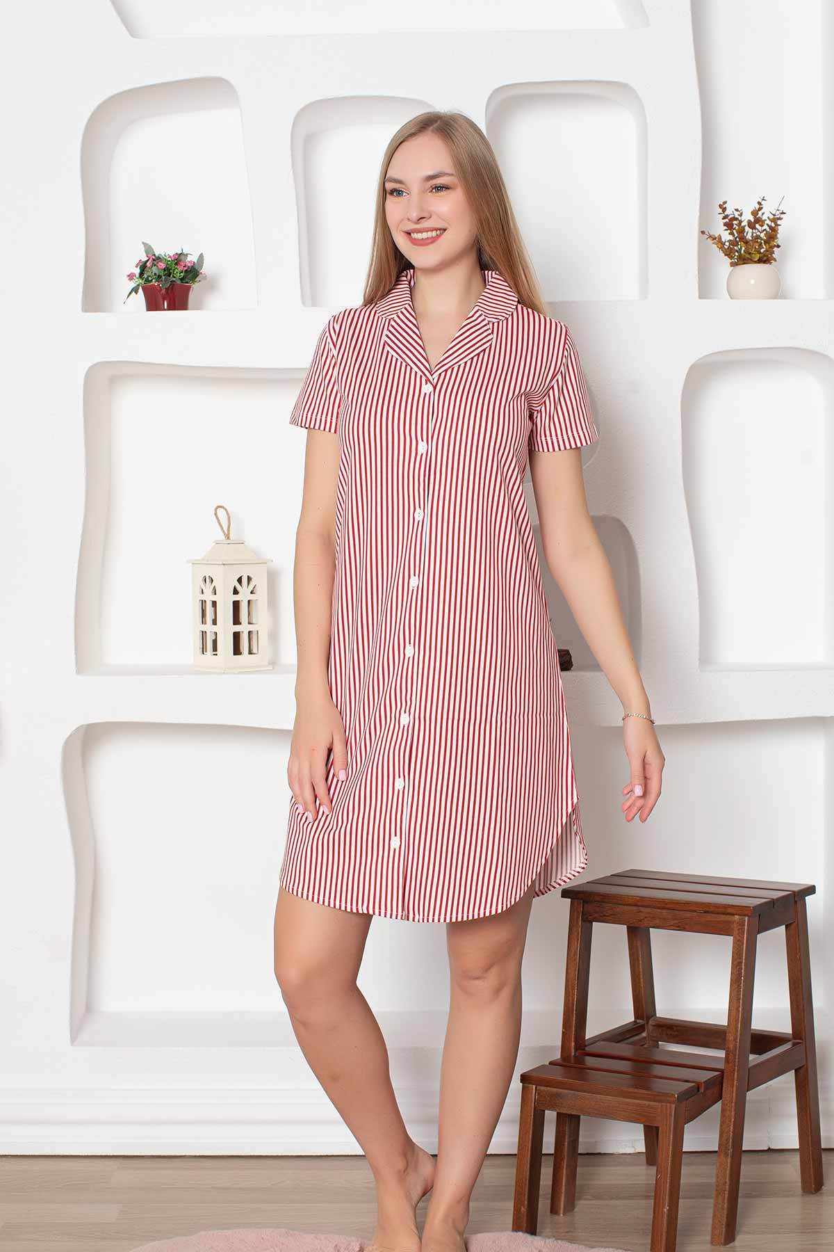 Çizgili Kısa Kollu Boydan Düğmeli Gecelik 2792KG