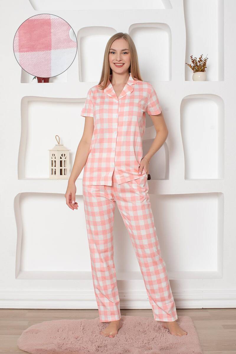 Ekoseli Önden Düğmeli Kadın Pijama Takımı - Pembe Kısa Kollu Penye 2793KY