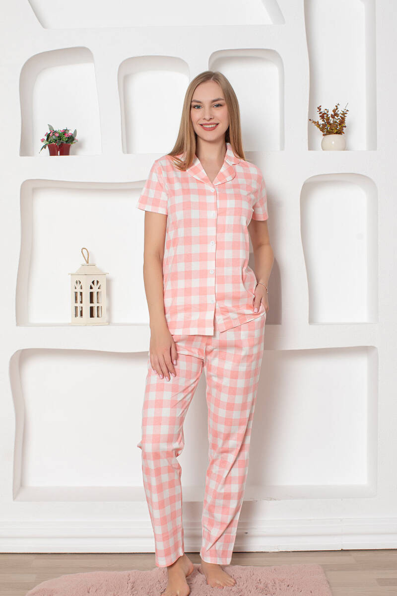 Ekoseli Önden Düğmeli Kadın Pijama Takımı - Pembe Kısa Kollu Penye 2793KY