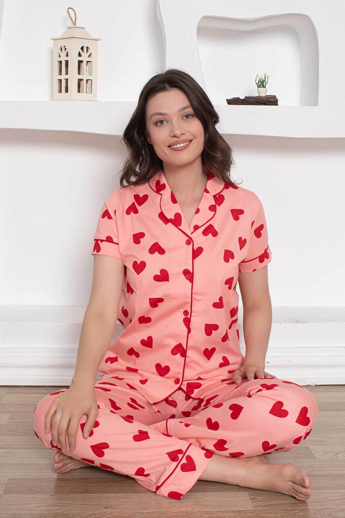 Önden Düğmeli Kadın Pijama Takımı - Pembe Kalp desenli Penye 2783KY