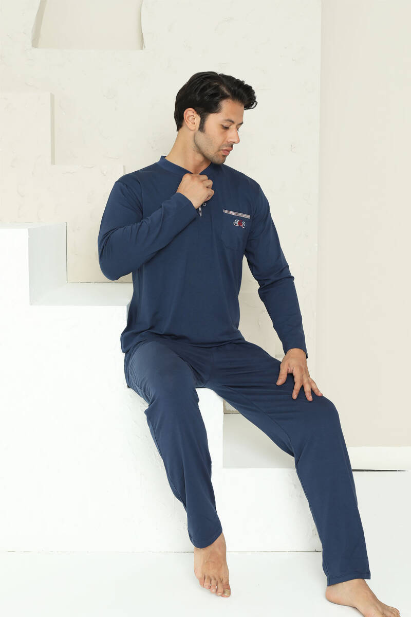 Erkek%20Pijama%20Takımı%20-%20İndigo%20Arma%20Nakışlı%20Likralı%20Uzun%20Kollu%20Penye%201194UY