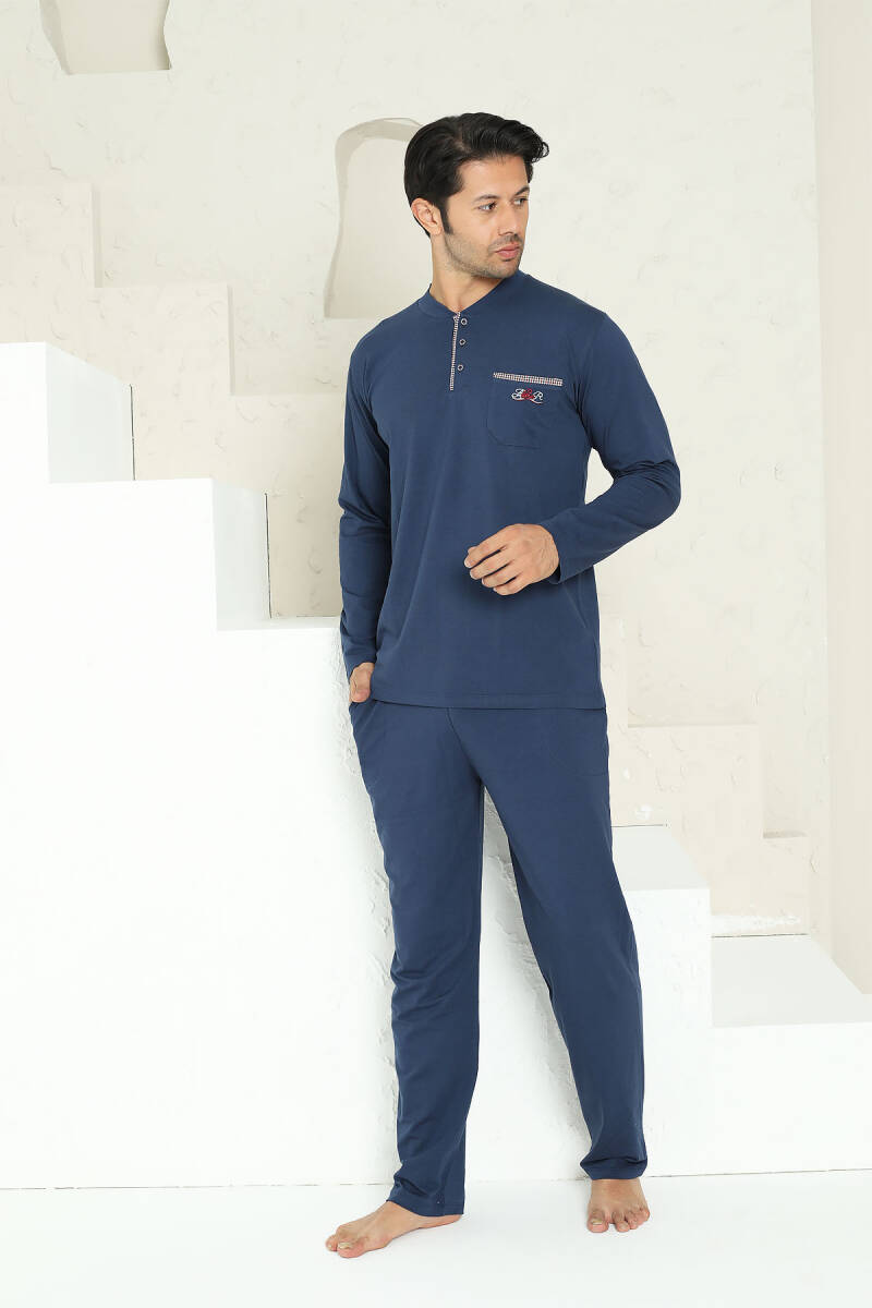 Erkek%20Pijama%20Takımı%20-%20İndigo%20Arma%20Nakışlı%20Likralı%20Uzun%20Kollu%20Penye%201194UY