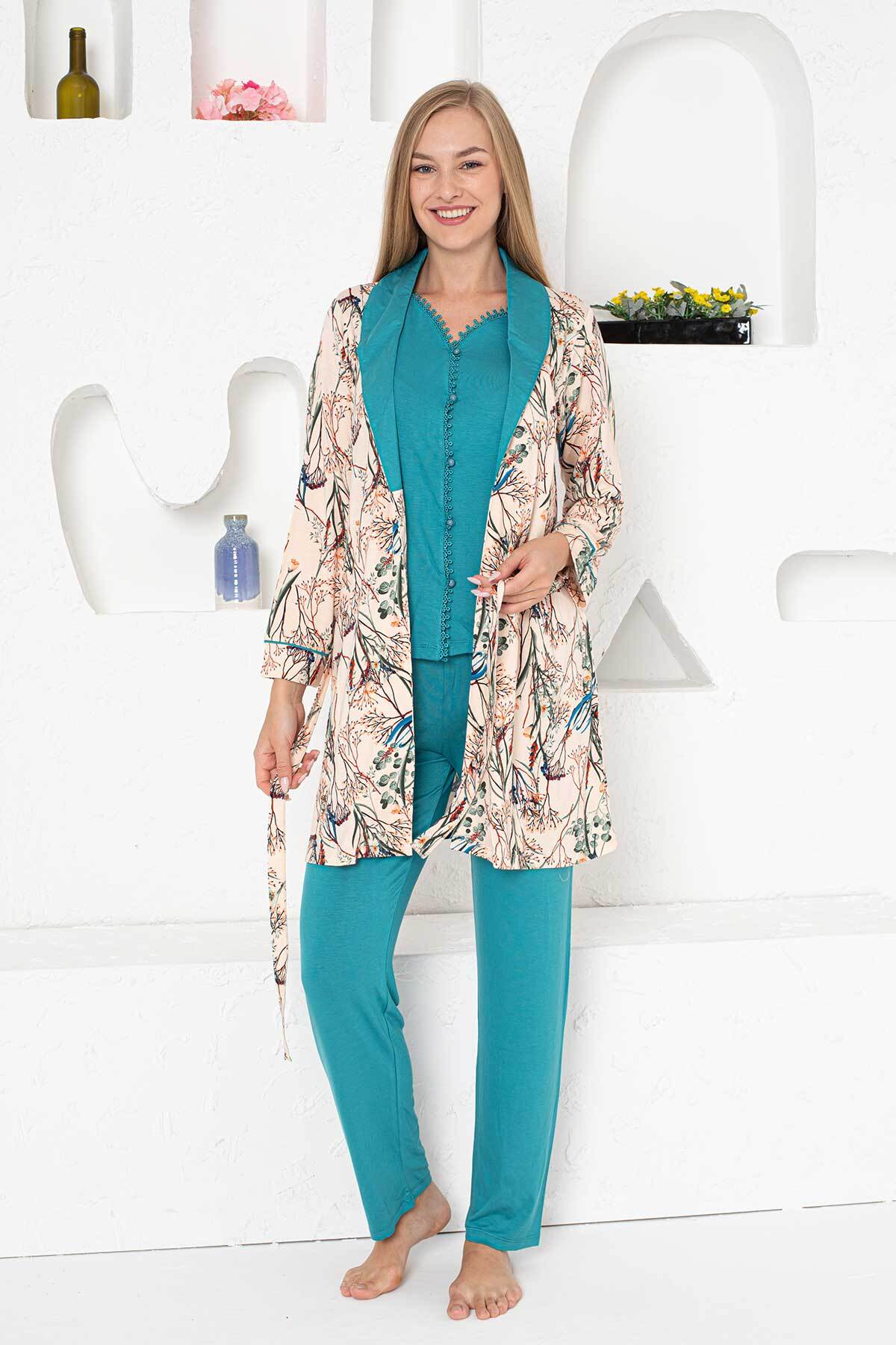 Sabahlıklı Pijama Takımı - Zümrüt Dantel Detaylı 3 Parça Likralı 2741