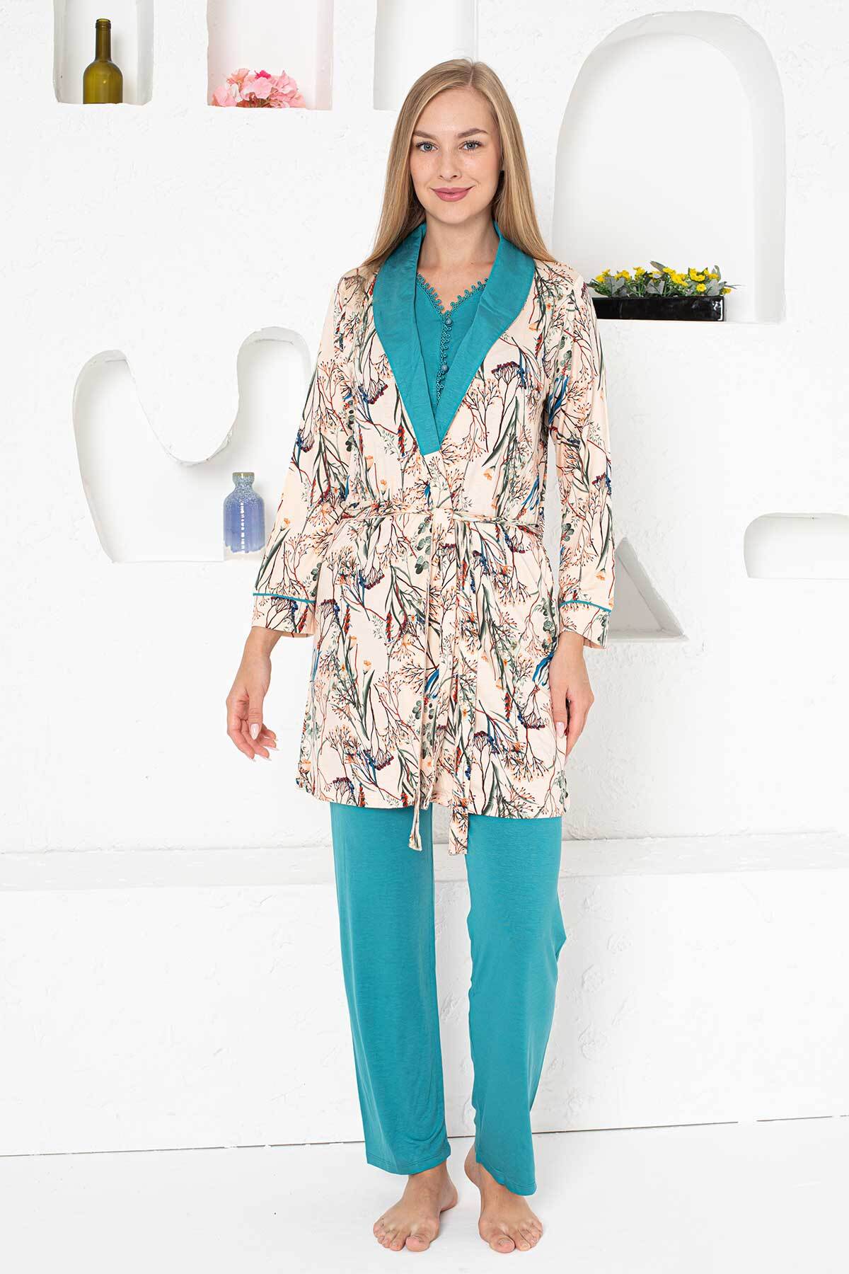 Sabahlıklı Pijama Takımı - Zümrüt Dantel Detaylı 3 Parça Likralı 2741