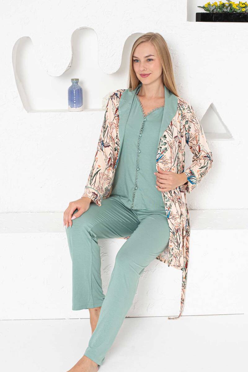 Sabahlıklı Pijama Takımı - Yeşil Dantel Detaylı 3 Parça Likralı 2741