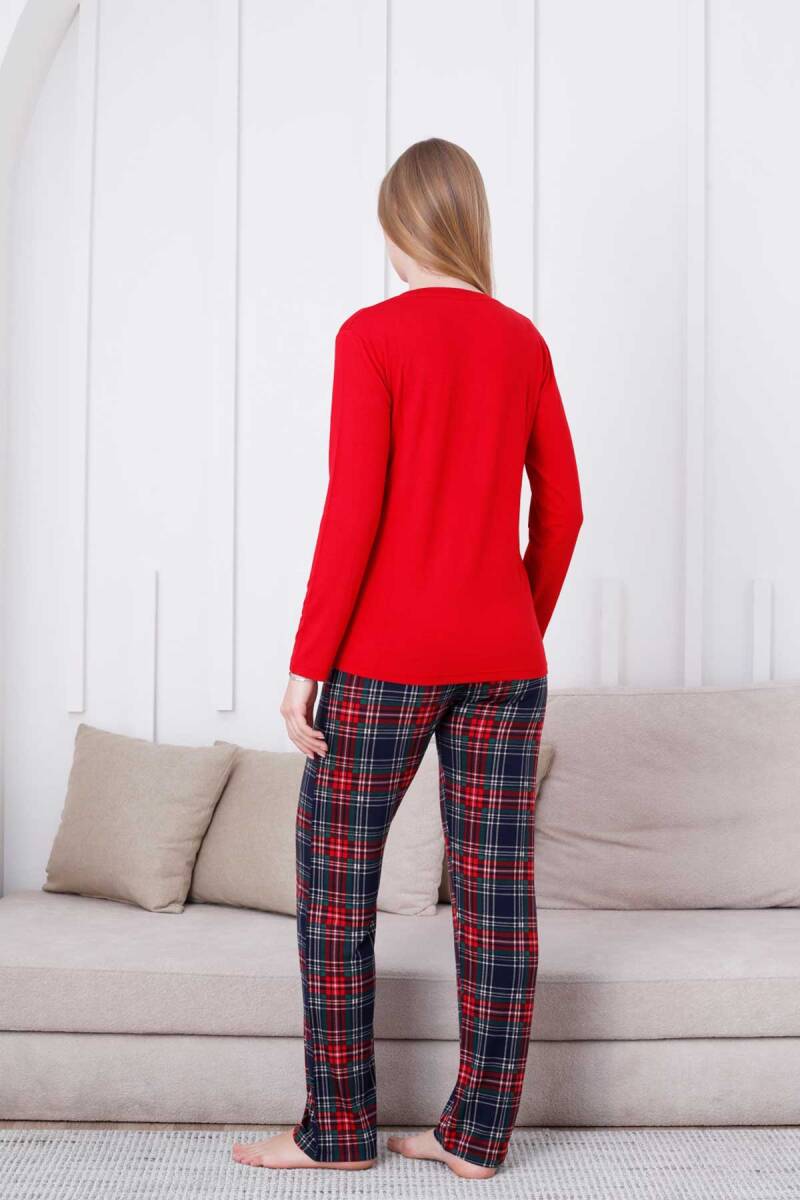 Ekoseli Kadın Pijama Takımı - Kırmızı  Kareli Nakışlı Likralı Viskon Uzun Kol 2835UY