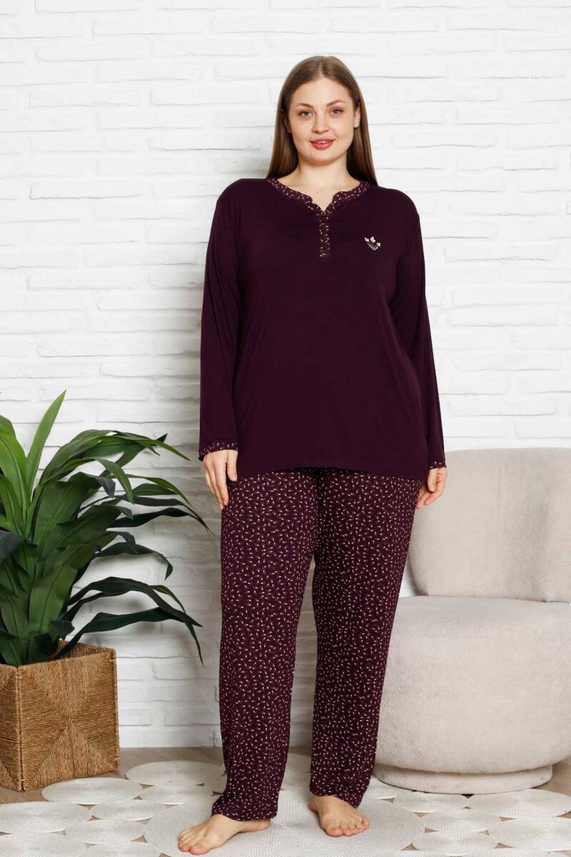 Nakışlı Kadın Pijama Takımı - Büyük Beden Uzun Kol Likralı Bambu Viskon  2838UYB