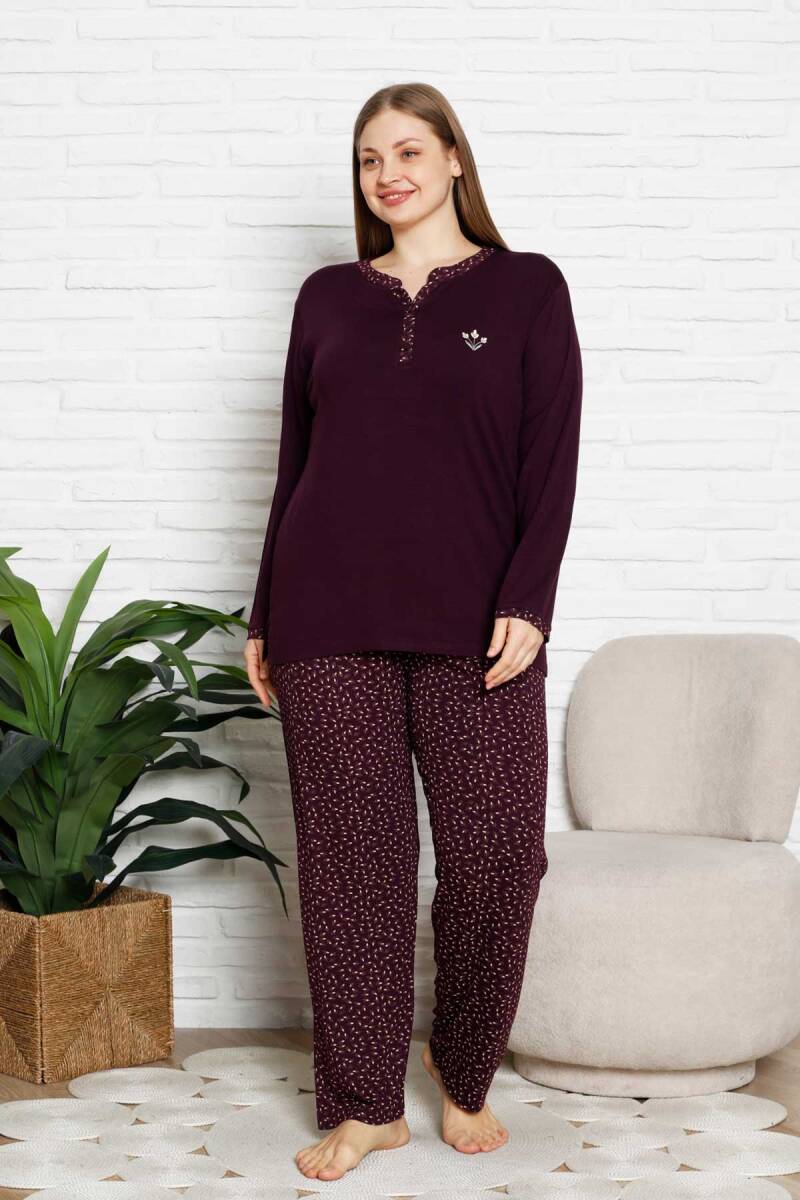 Nakışlı Kadın Pijama Takımı - Büyük Beden Uzun Kol Likralı Bambu Viskon  2838UYB