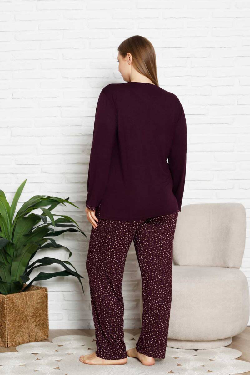 Nakışlı Kadın Pijama Takımı - Büyük Beden Uzun Kol Likralı Bambu Viskon  2838UYB