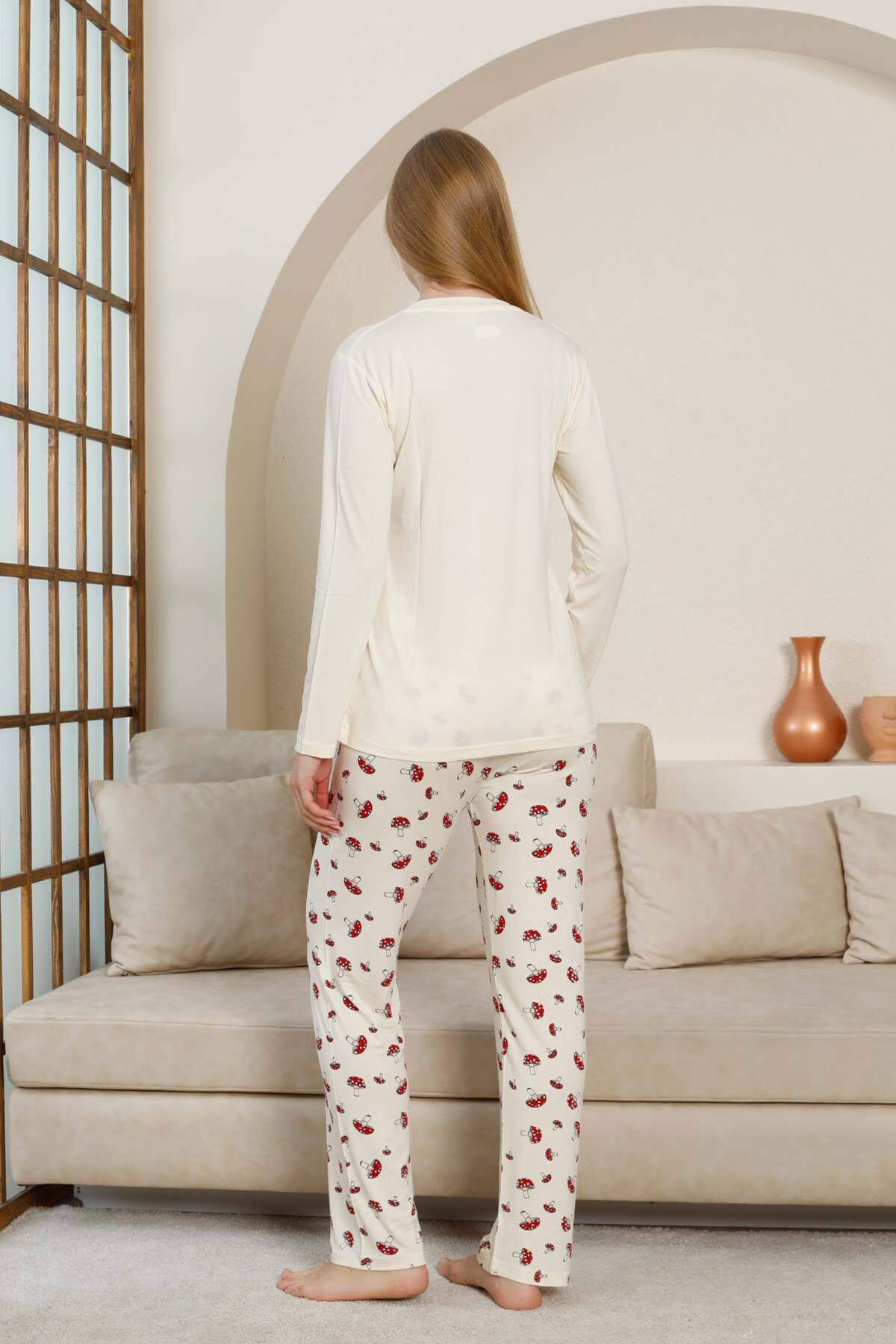 Mantar Desenli Kadın Pijama Takımı - Ekru V Yaka Likralı Viskon Uzun Kollu 2847UY