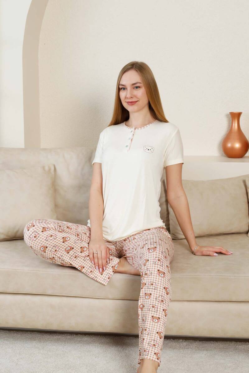 Ayıcık Desenli Kadın Pijama Takımı - Ekru Likralı Viskon Kısa Kollu 2849KY