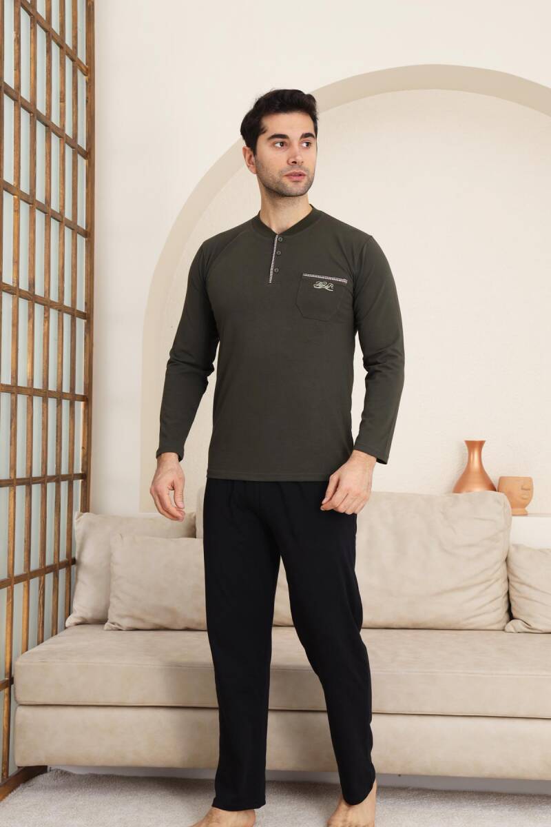 Erkek Pijama Takımı - Haki Arma Nakışlı Likralı Uzun Kollu Penye 1194UY