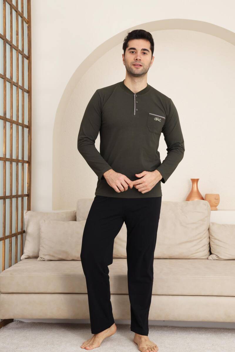 Erkek Pijama Takımı - Haki Arma Nakışlı Likralı Uzun Kollu Penye 1194UY