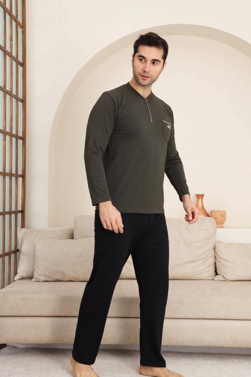 Erkek Pijama Takımı - Haki Arma Nakışlı Likralı Uzun Kollu Penye 1194UY