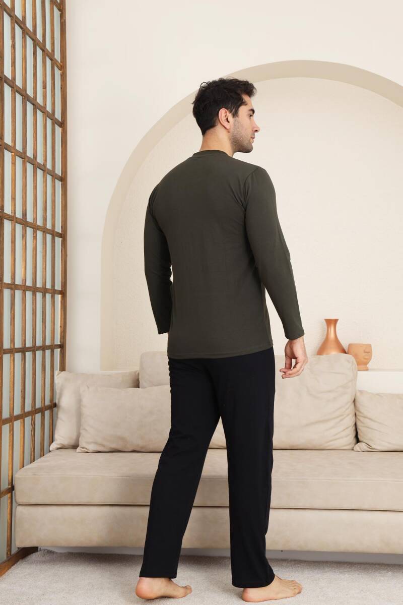 Erkek Pijama Takımı - Haki Arma Nakışlı Likralı Uzun Kollu Penye 1194UY