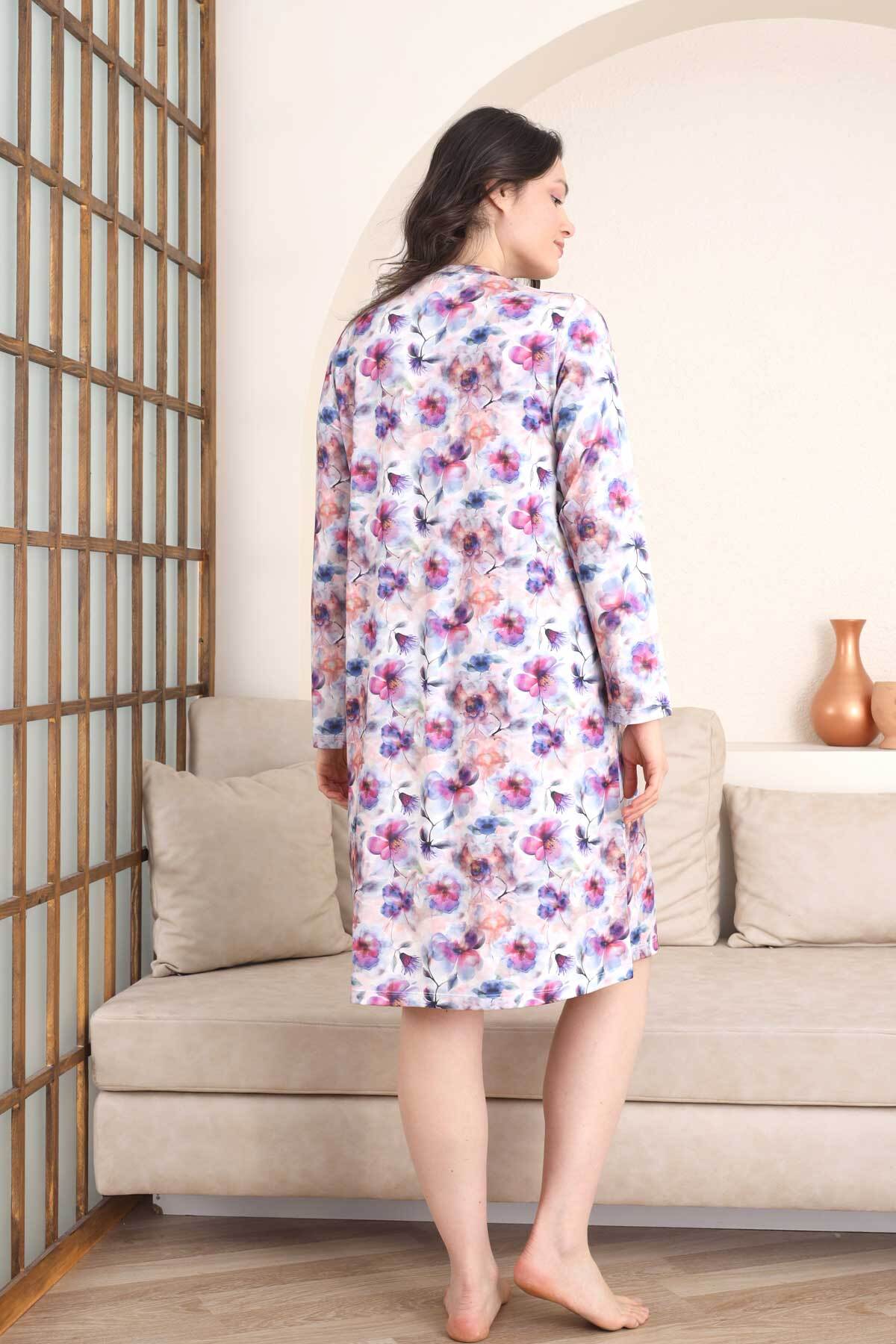 Kadın Gecelik - Çiçek Desenli Uzuzn Kol Likralı Viskon 2842UG